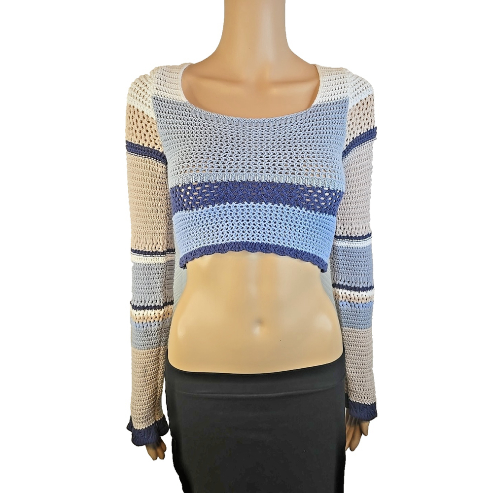Altar'd State Women XS Crochet Crop Top Tie Back Bell Sleeve Blue Boho - Picture 2 of 10